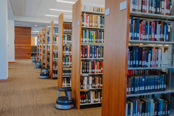 a library with books on shelves